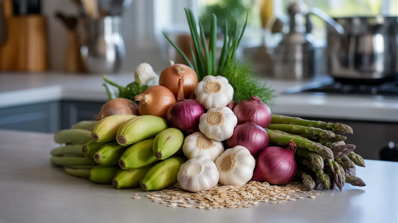 Colorful arrangement of prebiotic foods including garlic, onions, green bananas, asparagus, and oats on a clean kitchen counter
