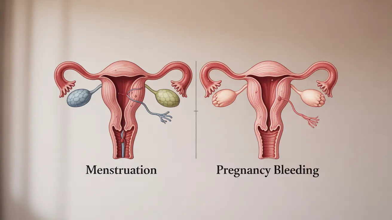 Infographic comparing reproductive systems during menstruation and pregnancy-related bleeding with labeled diagrams and neutral background