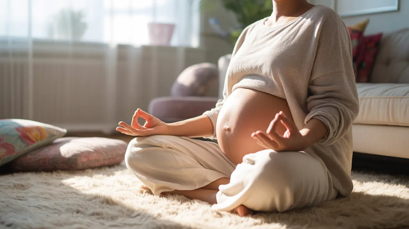 Pregnant person peacefully practicing tailor sitting on a soft mat in a calming home environment, with knees falling outward and surrounded by cushions.