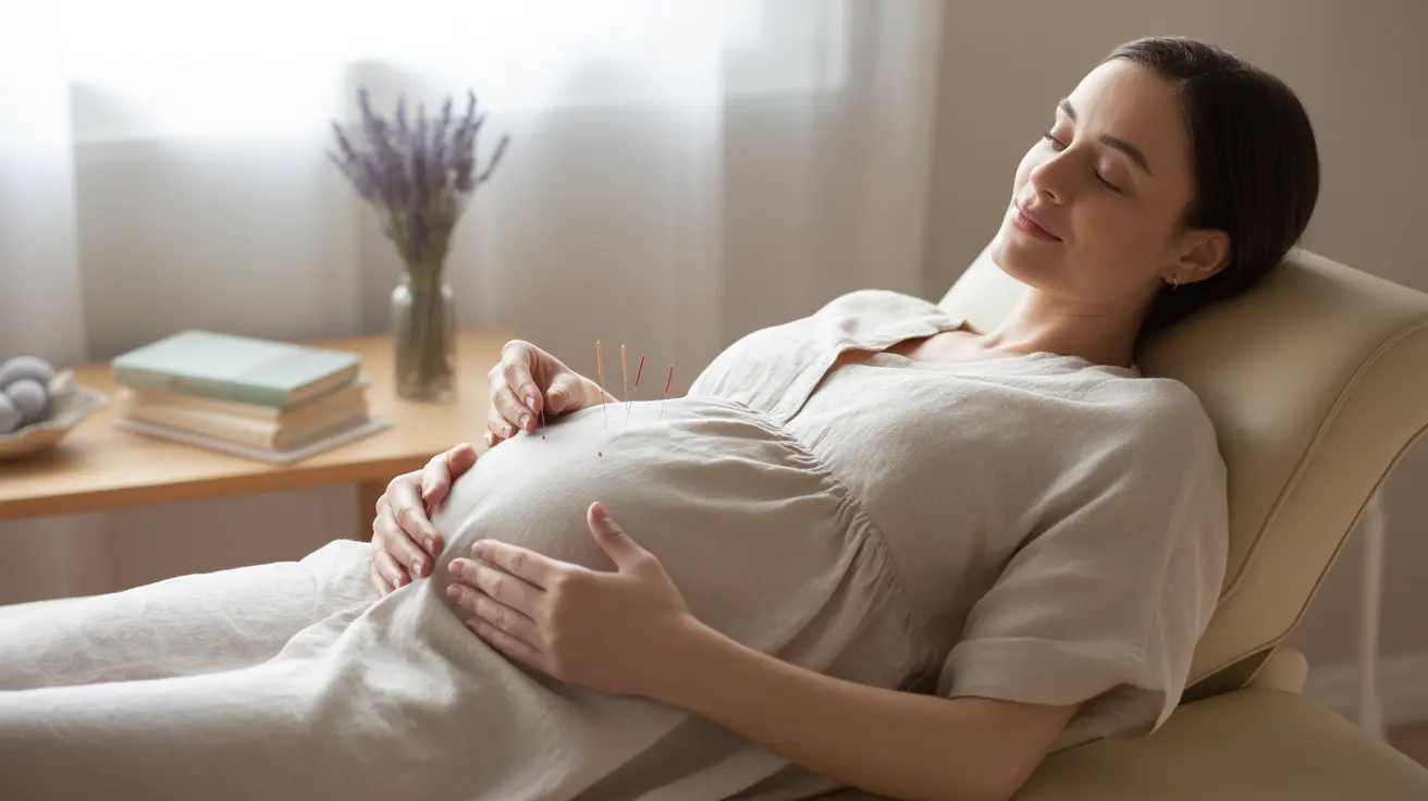 A pregnant woman relaxing on a treatment table while receiving acupuncture from a licensed practitioner in a calm acupuncture room.