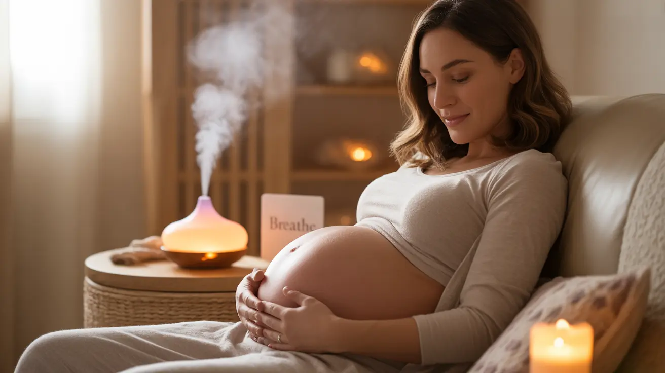 Pregnant woman in birthing room using aromatherapy diffuser, serene expression, diffuser mist visible
