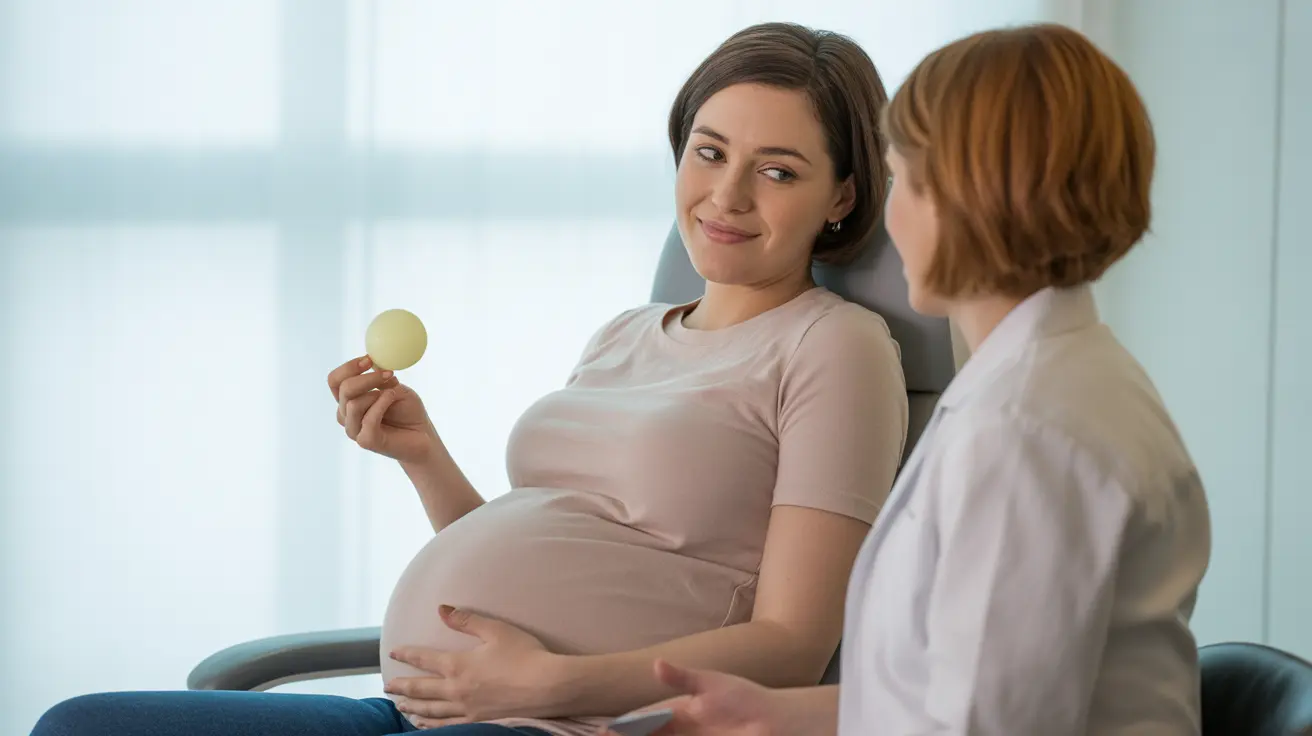 Pregnant woman holding a cough drop while consulting with a healthcare professional in a bright, clean clinical setting