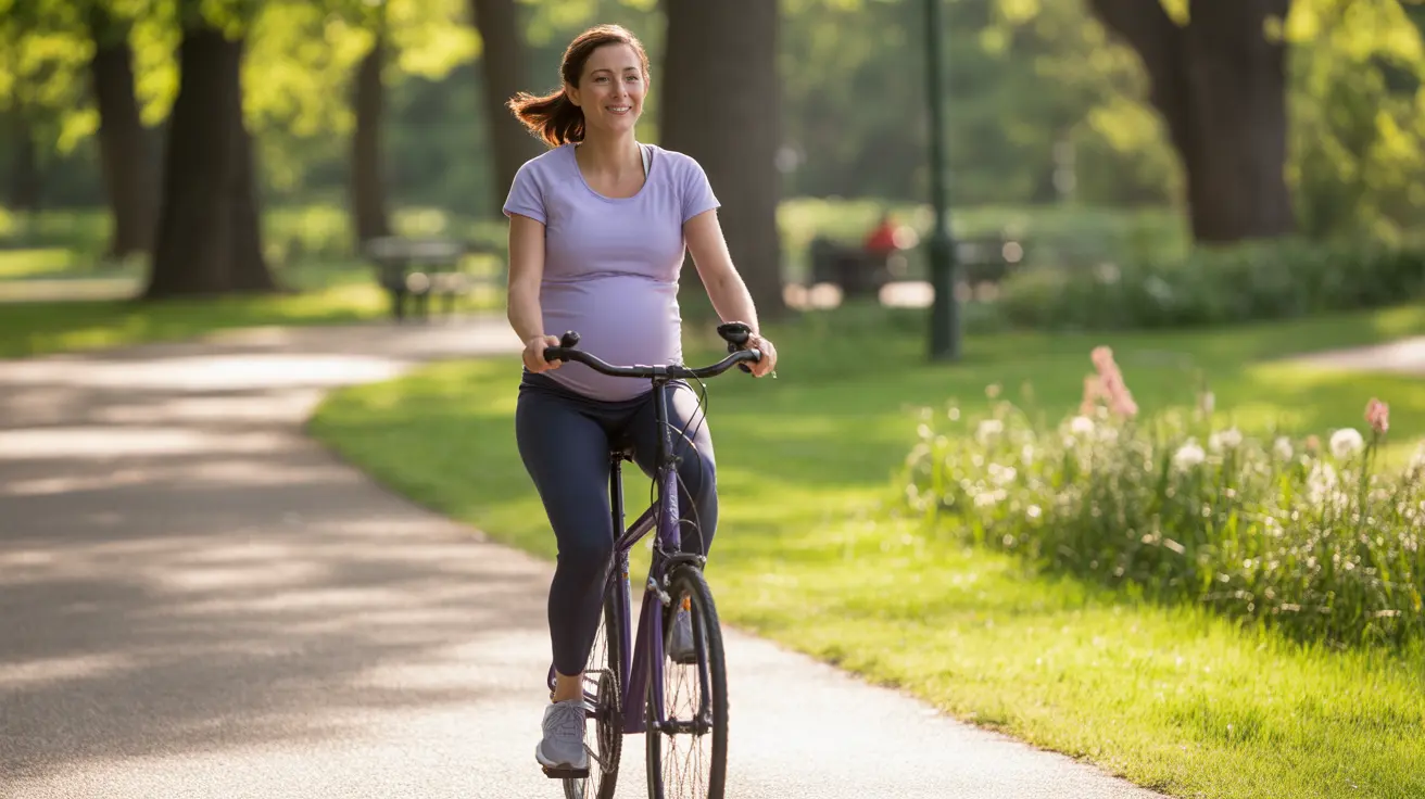 Pregnant woman cycling gently on a safe outdoor path in a sunny park with greenery in the background