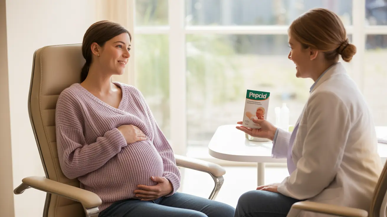 Detailed illustration of a pregnant woman discussing medication with a healthcare provider in a bright, welcoming clinical setting.