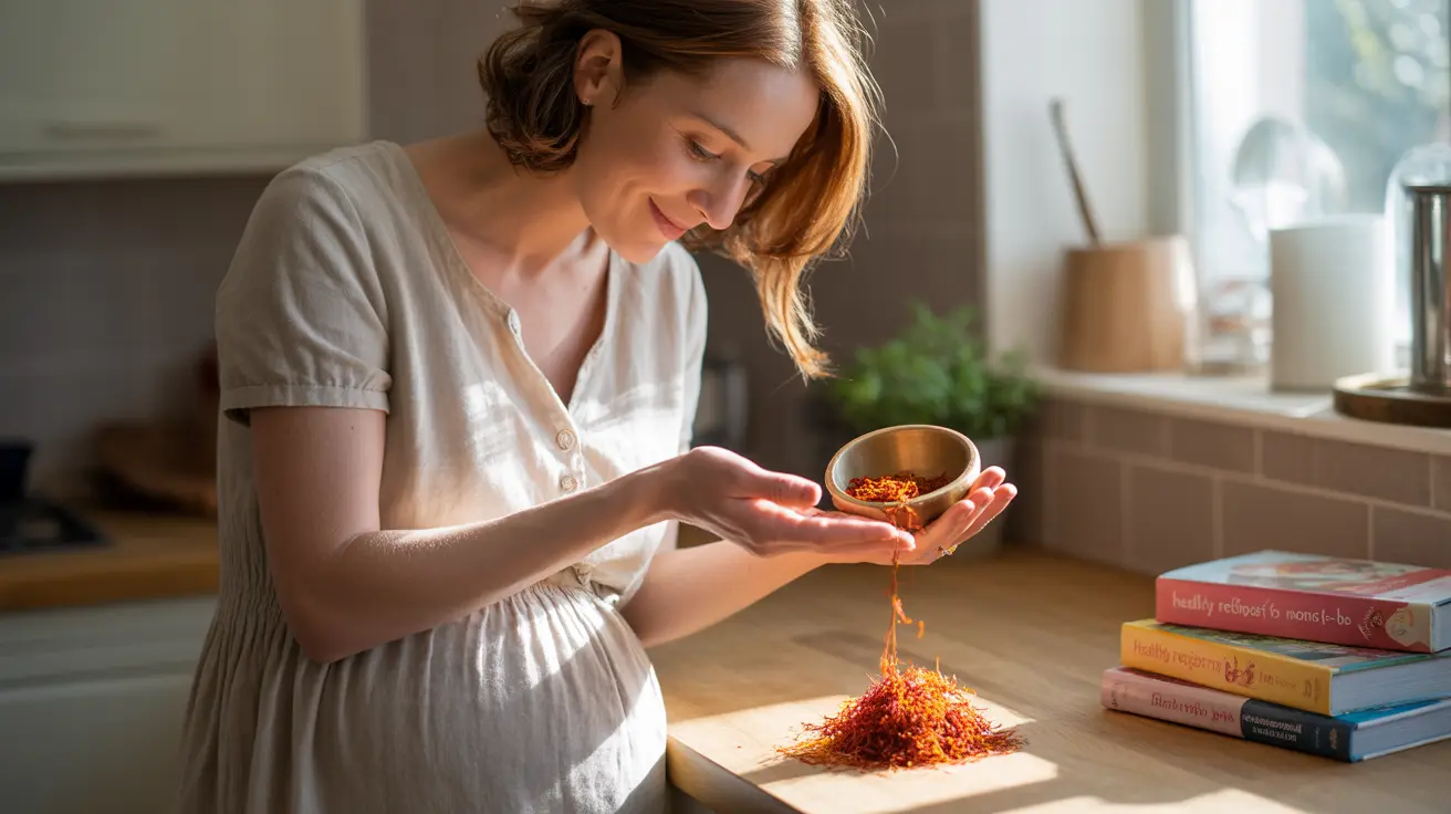 Close-up of a pregnant woman exploring saffron threads in her kitchen with bright natural light