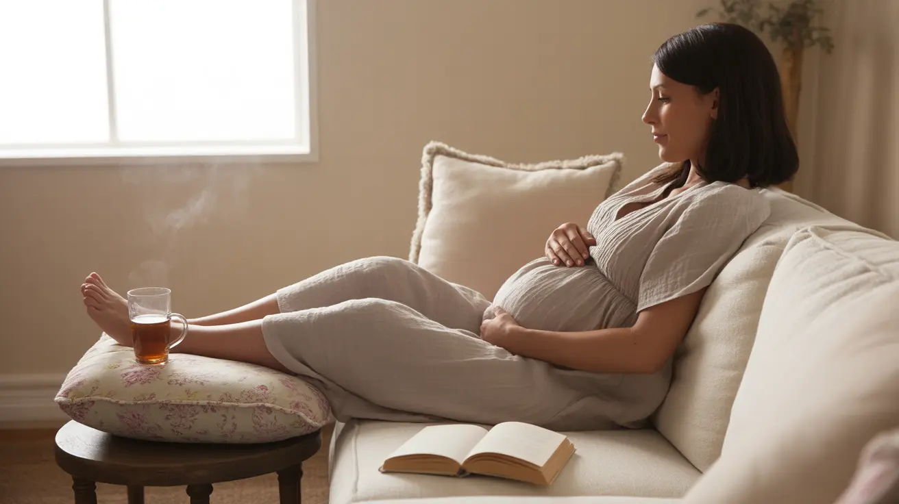 Pregnant woman in cozy home, feet elevated on cushion, displaying comfort strategies for foot swelling relief