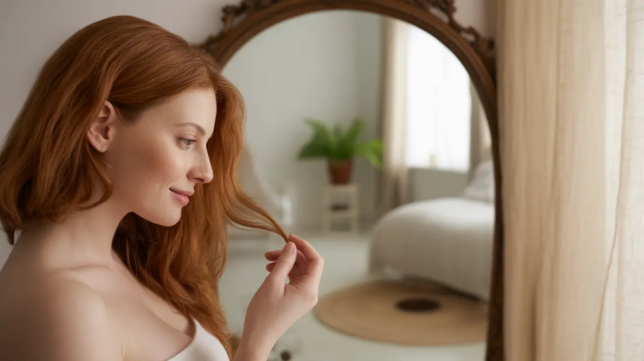 Pregnant woman touching her hair while looking at a mirror in a home setting with minimalistic decor