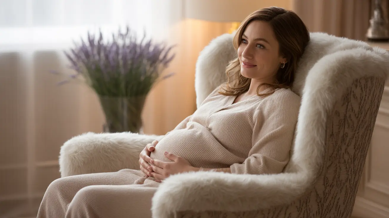 Pregnant woman sitting in a cozy chair, looking concerned while gently holding her stomach, in warm inviting light at home
