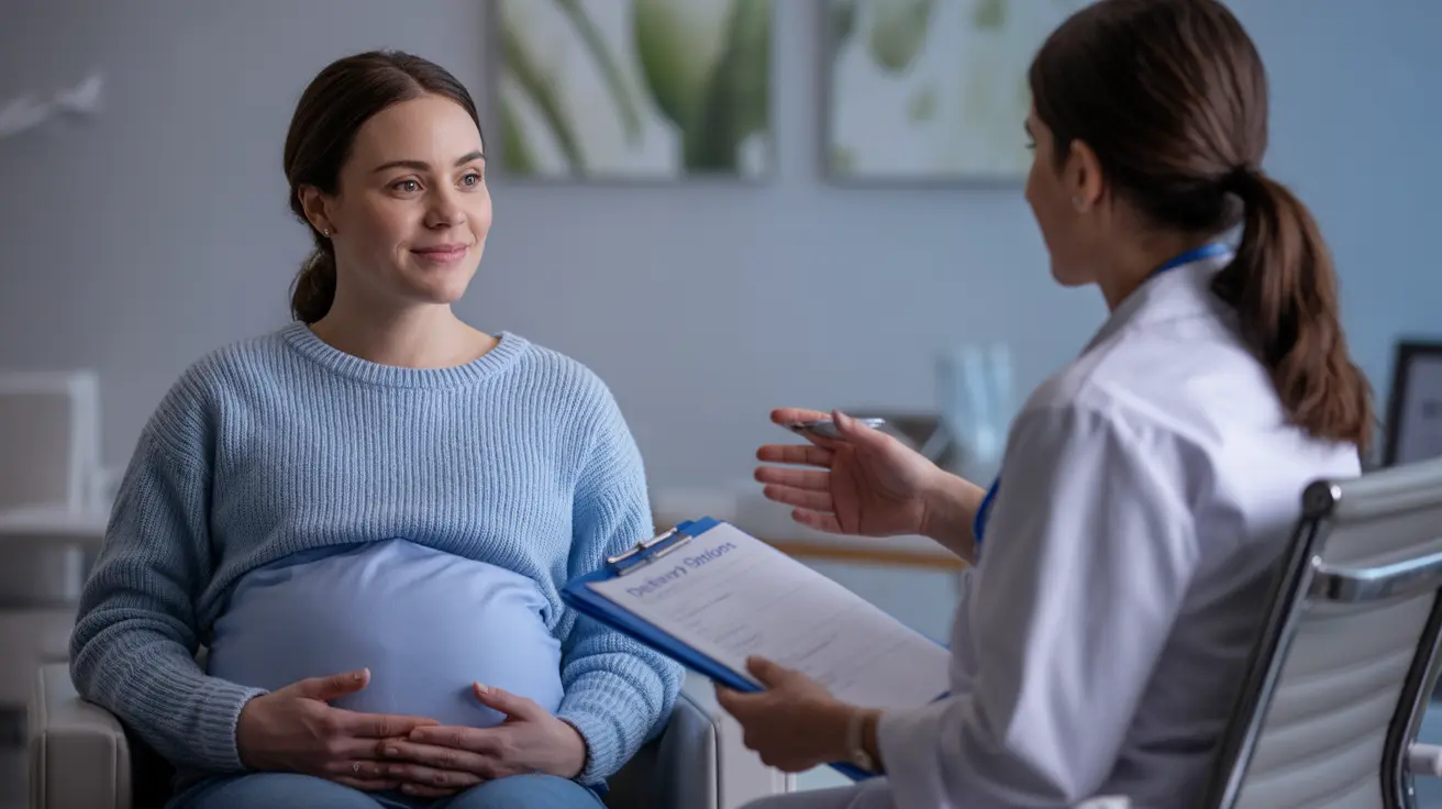 Pregnant woman in medical office discussing delivery options with healthcare provider holding charts