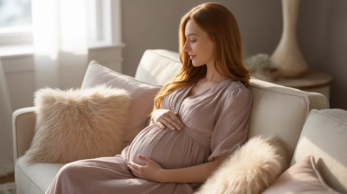 Pregnant woman seated on soft cushions, eyes closed practicing relaxation and visualization techniques of hypnobirthing in a tranquil home environment