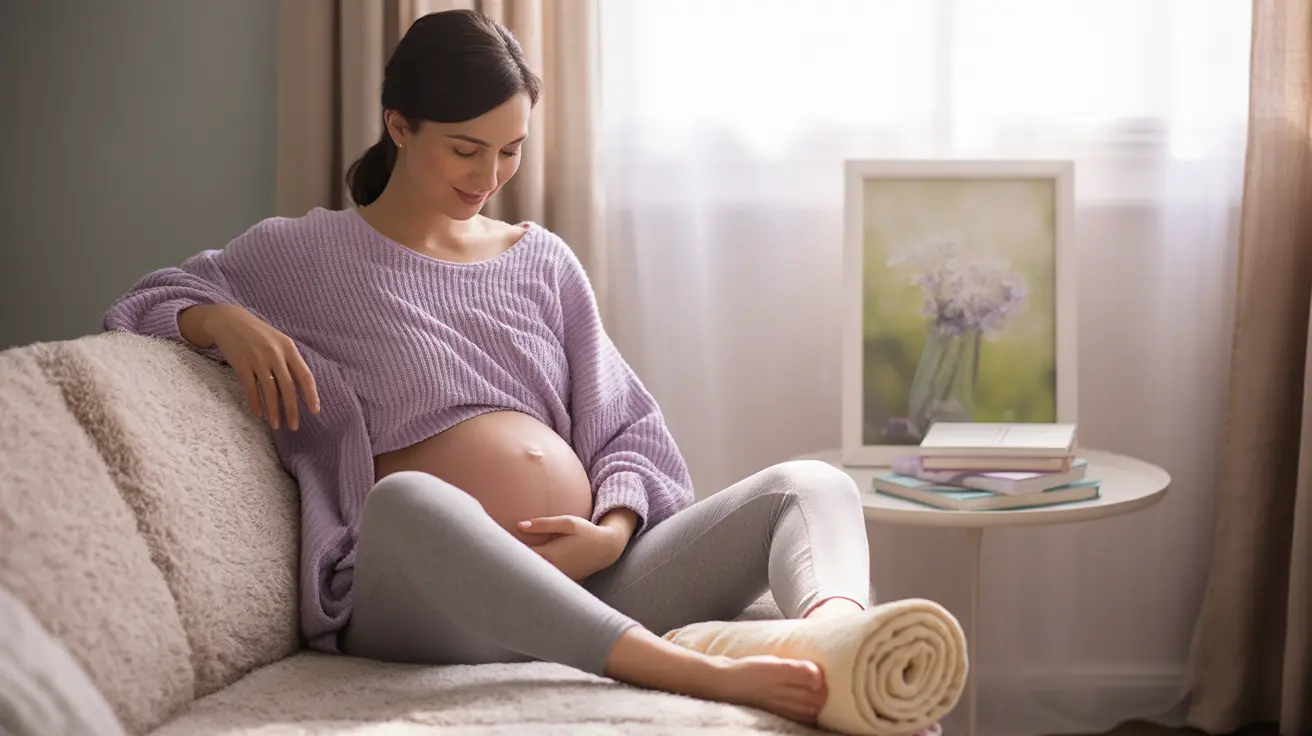 Pregnant woman sitting comfortably on a couch with her feet elevated on a cushion, demonstrating how to manage pitting edema.
