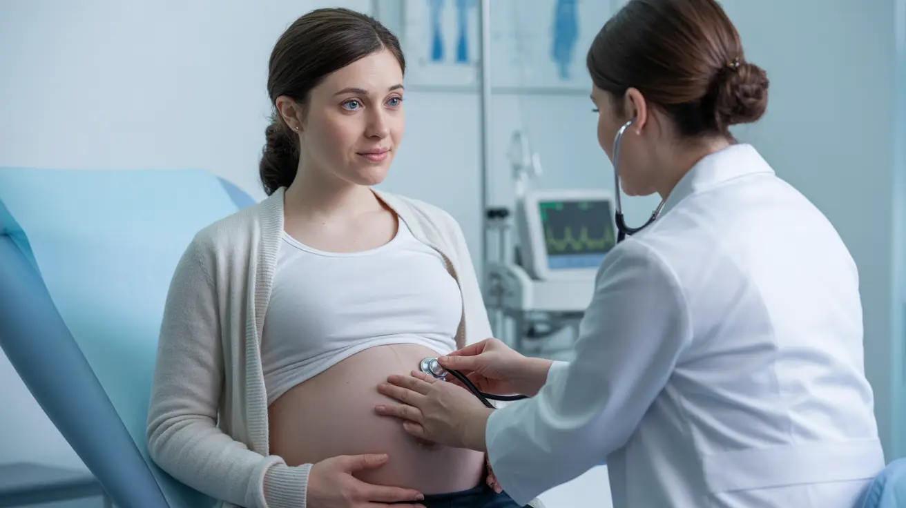 Pregnant woman sitting on examination table with healthcare professional, bright clinical lighting, medical instruments visible