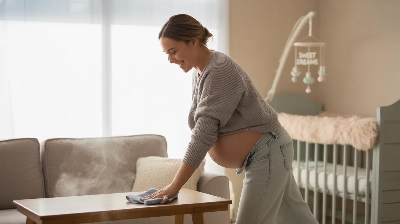 Pregnant woman cleaning and organizing her living room, with baby items arranged in a warm, inviting atmosphere illuminated by natural light.