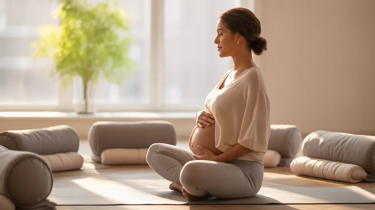 Detailed illustration of a pregnant woman practicing prenatal yoga in a bright, airy room, engaging in gentle stretches to relieve back pain.