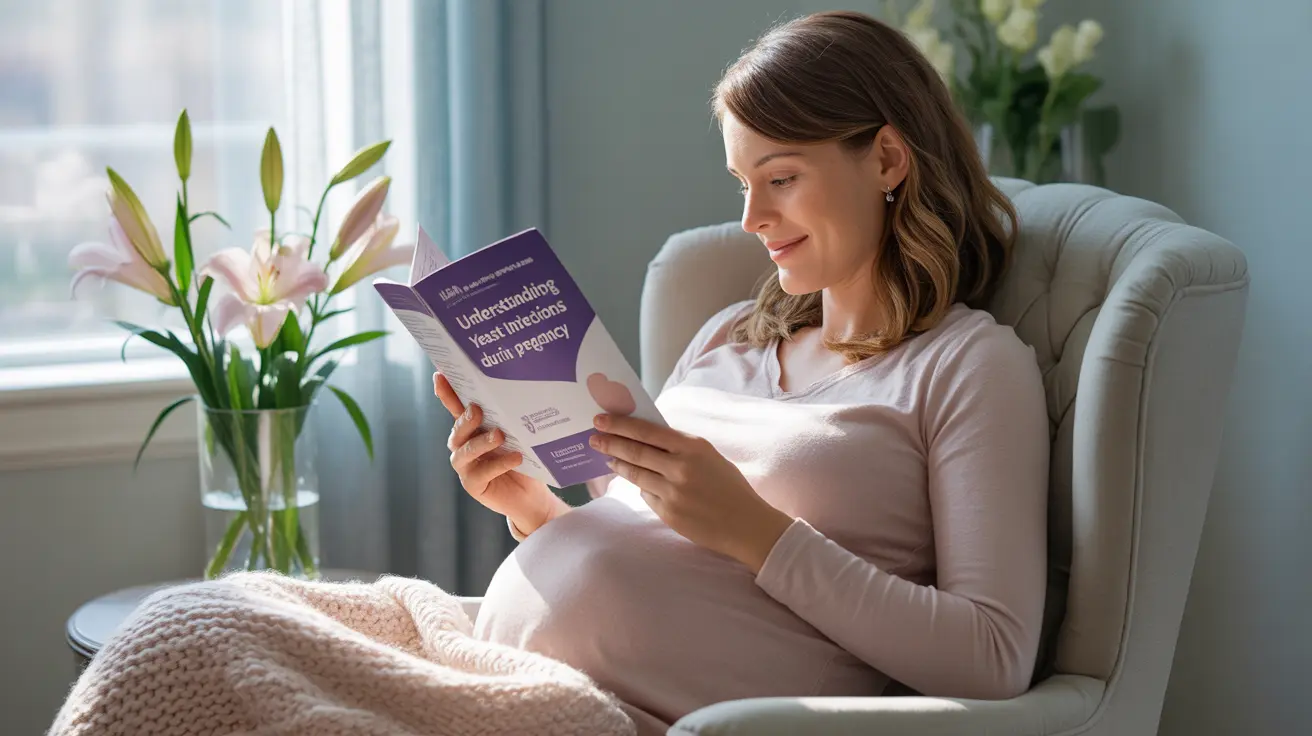 Pregnant woman reading about managing yeast infections in a calm domestic setting, with natural lighting, soothing color palette