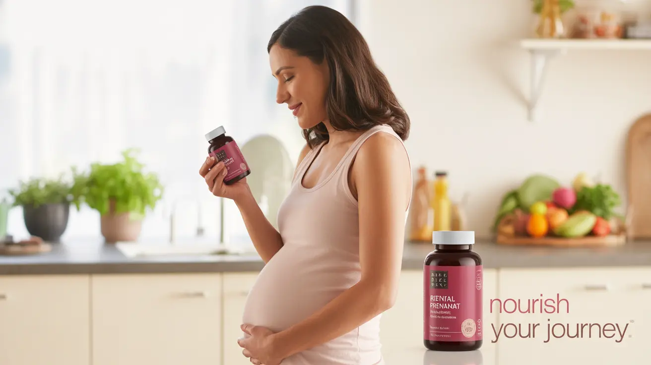 Pregnant woman in a stylish kitchen holding a bottle of Ritual prenatal vitamins, looking at the label thoughtfully with healthy meal ingredients in the background.