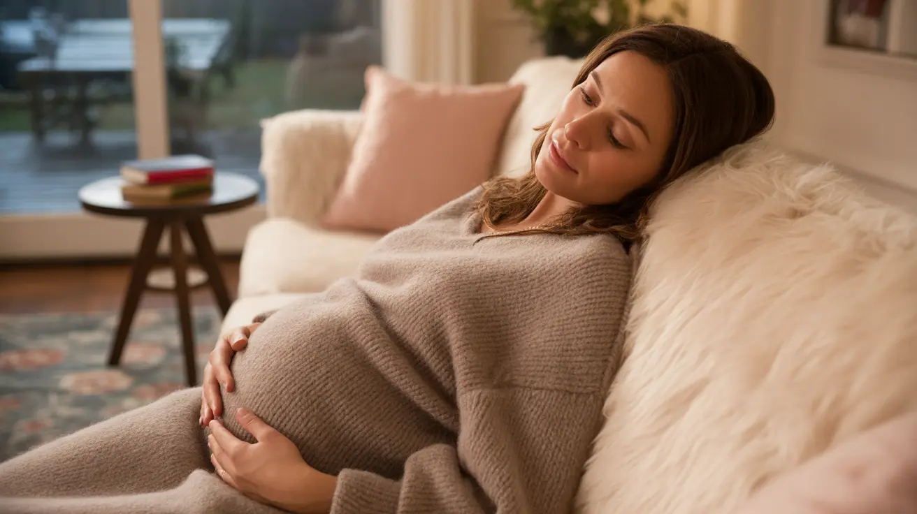 Pregnant woman resting on a sofa, looking contemplative and distressed in a cozy living room setting.