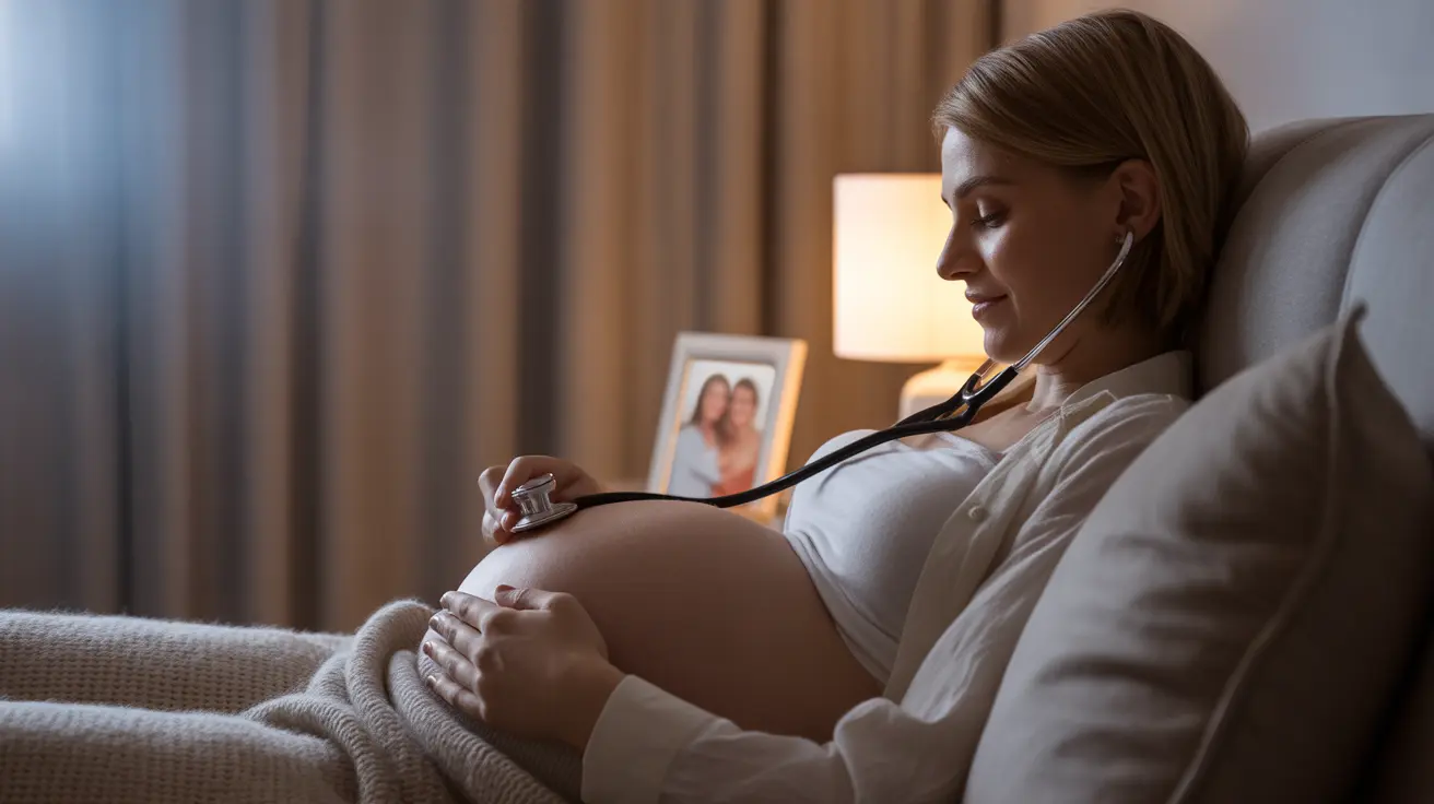 Pregnant woman using a stethoscope on her abdomen in a quiet bedroom