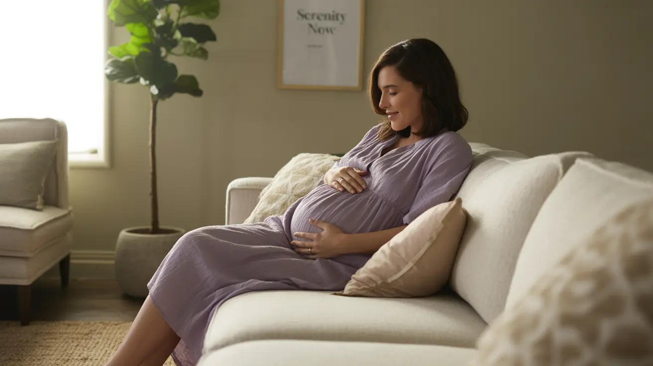 Pregnant woman seated in living room, using pillows for support, adjusting position for comfort, in soft natural daylight