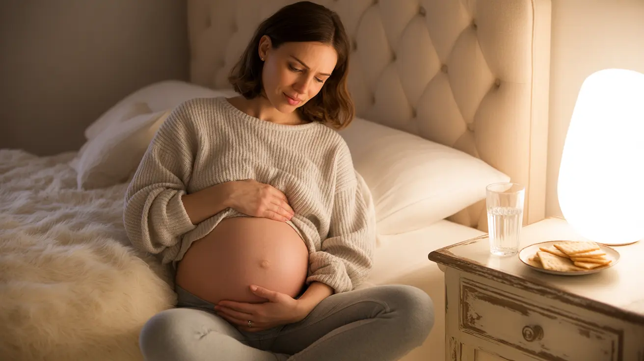 A pregnant woman sitting on the bed holding her stomach, looking distressed in a cozy bedroom with water and crackers on the bedside table.