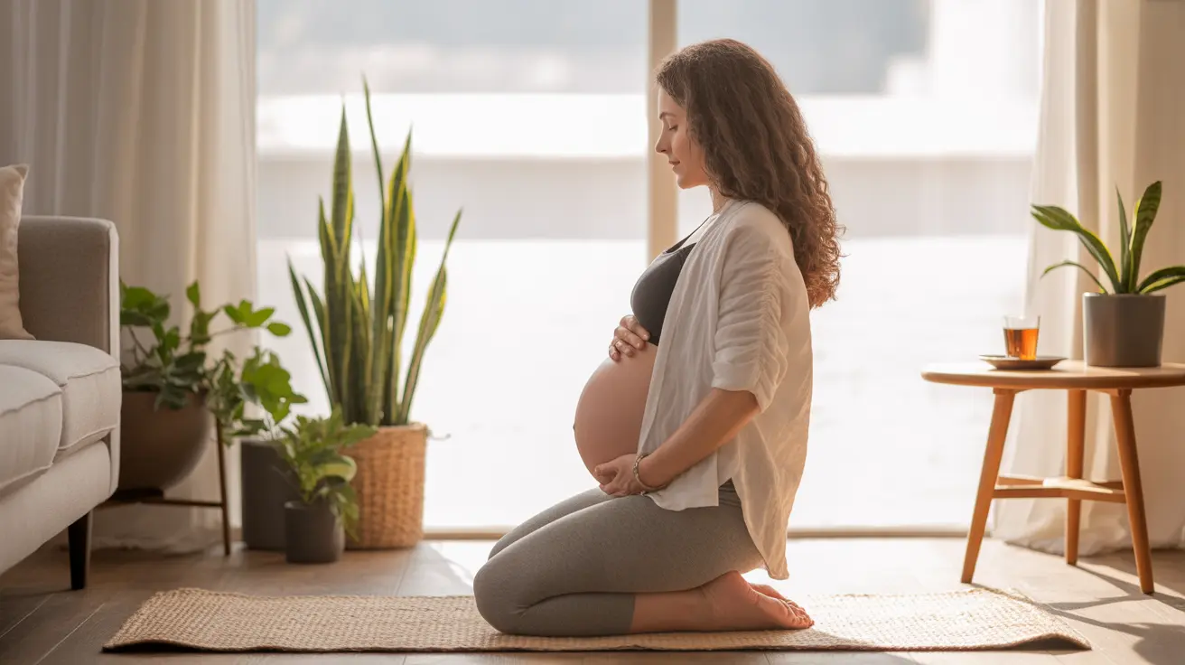 Detailed illustration of a pregnant woman practicing gentle yoga in a serene home environment, illuminated by soft, natural daylight.