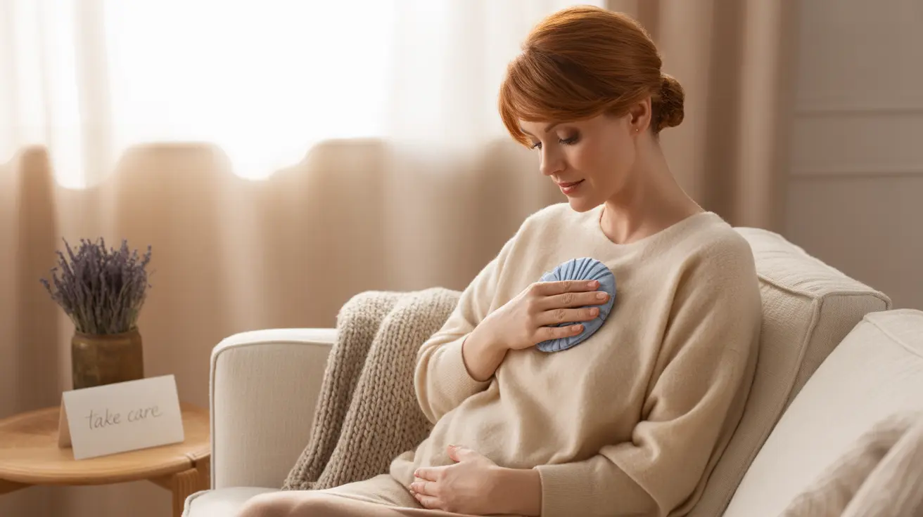 Close-up of woman applying cool compress to breast, showing relief for pre-menstrual itchiness in a calm home setting