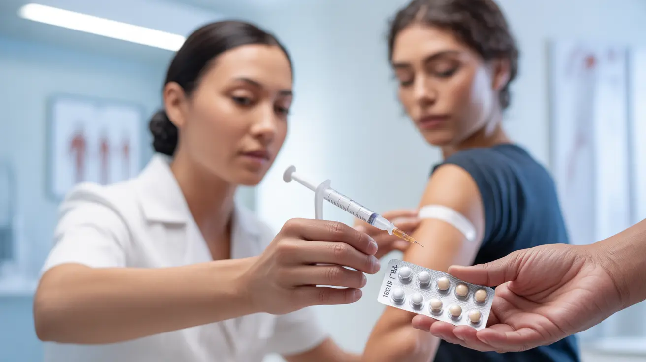 Healthcare professional preparing PrEP injection, alongside person taking oral PrEP pill, showing two PrEP administration methods in a clinical setting