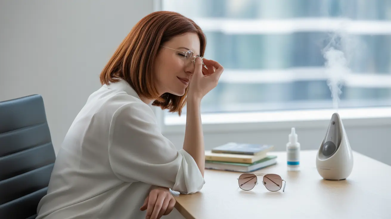Person in office using computer, looking away to apply 20-20-20 rule; desk with artificial tears, humidifier, sunglasses