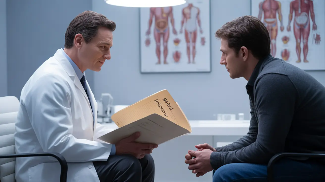 Detailed illustration of a proctologist consulting with a patient in a modern medical office, examining medical records with anatomical posters.