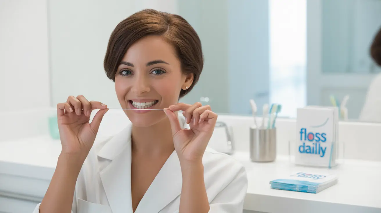 Detailed illustration of a person demonstrating proper flossing technique in a bright clinical bathroom, holding dental floss gently between teeth in a C-shape motion.