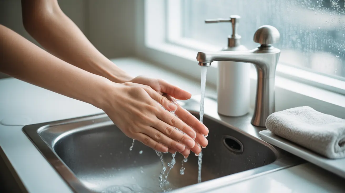 Person washing hands thoroughly at a sink with soap and warm water, focusing on proper hand hygiene, showing bubbles and water flow in a clean home setting