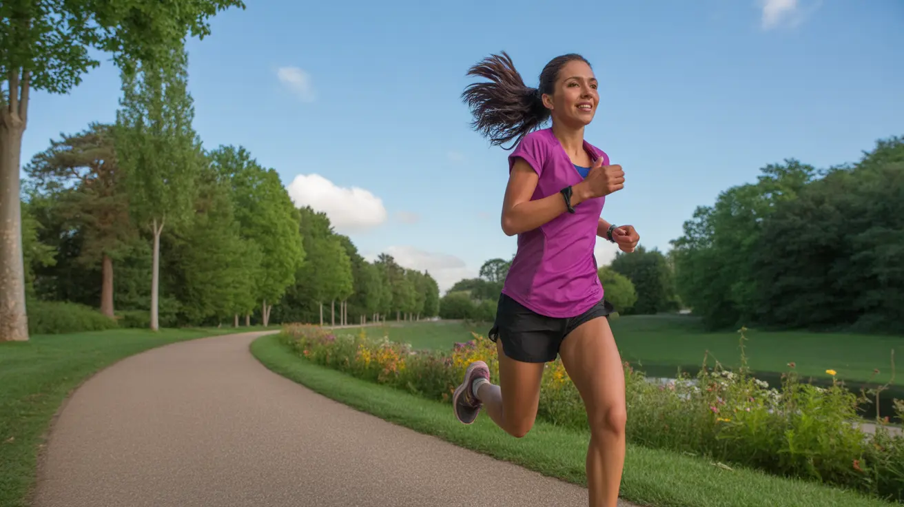 Person running in a park with focus on proper running form, mid-foot landing, and upright posture, vibrant park setting