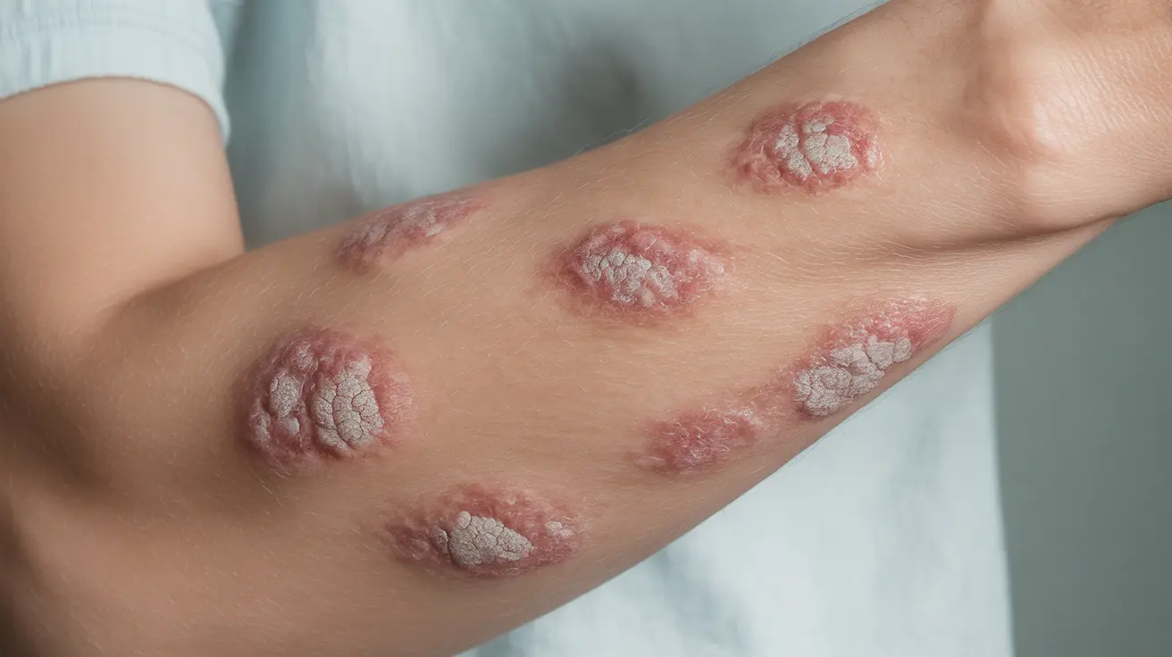 Detailed illustration of psoriasis affected skin texture and appearance during a flare-up with redness and scaliness.