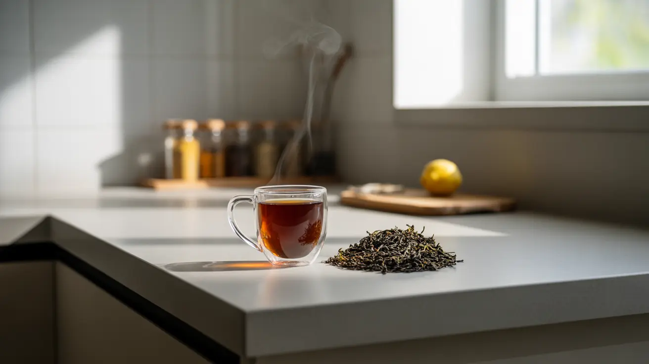 A steaming cup of pu-erh tea on a modern kitchen counter with fresh tea leaves, in a clean and minimalistic decor setting