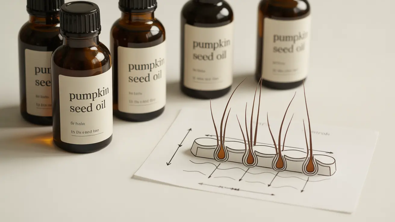 Bottles of pumpkin seed oil next to a diagram of hair follicles nourished by nutrients, in a minimalistic natural setting