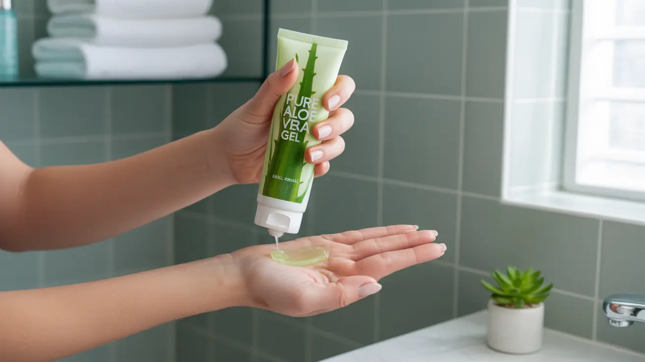 Close-up shot of a person holding a tube of pure aloe vera gel in a bright bathroom setting