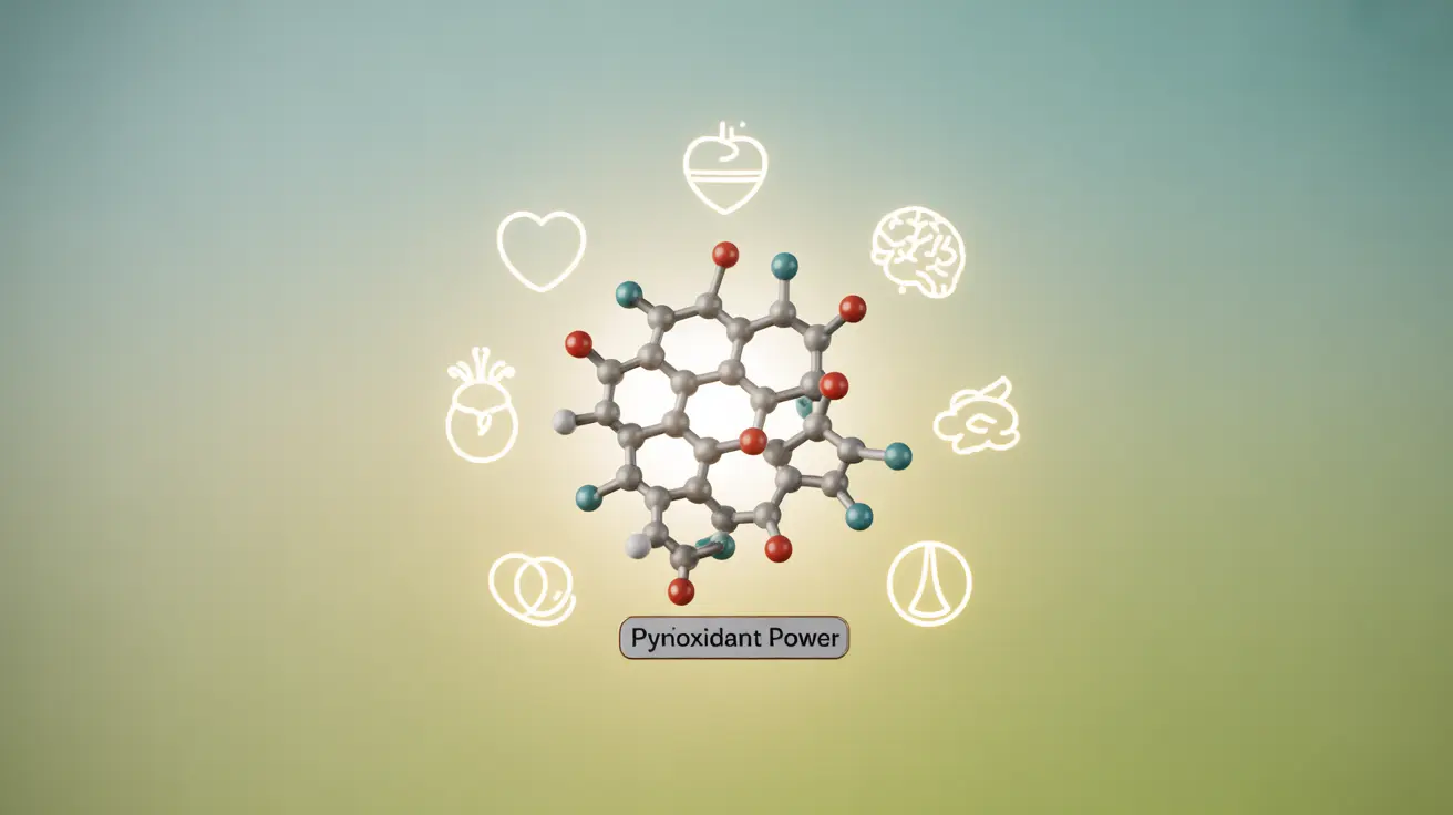 Detailed illustration showcasing the chemical structure of Pycnogenol surrounded by representations of its health benefits, such as heart, brain, and skin icons, against a soft gradient background.