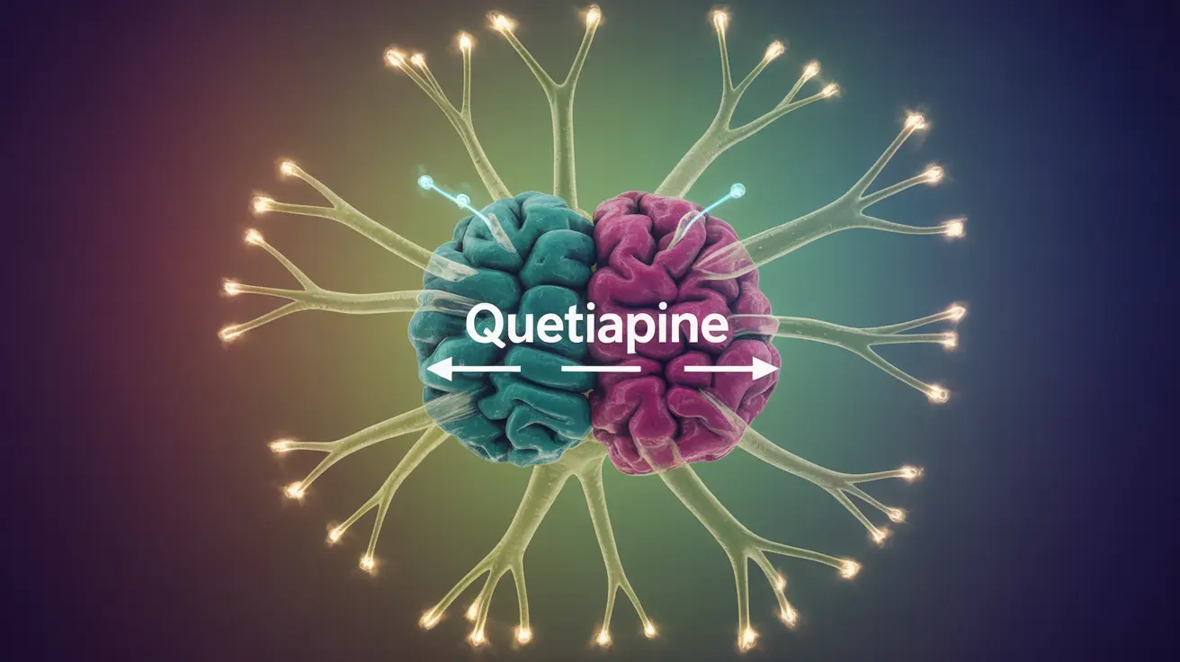 Illustration of quetiapine interacting with brain neurotransmitter receptors, focusing on histamine and serotonin, against neural connection background