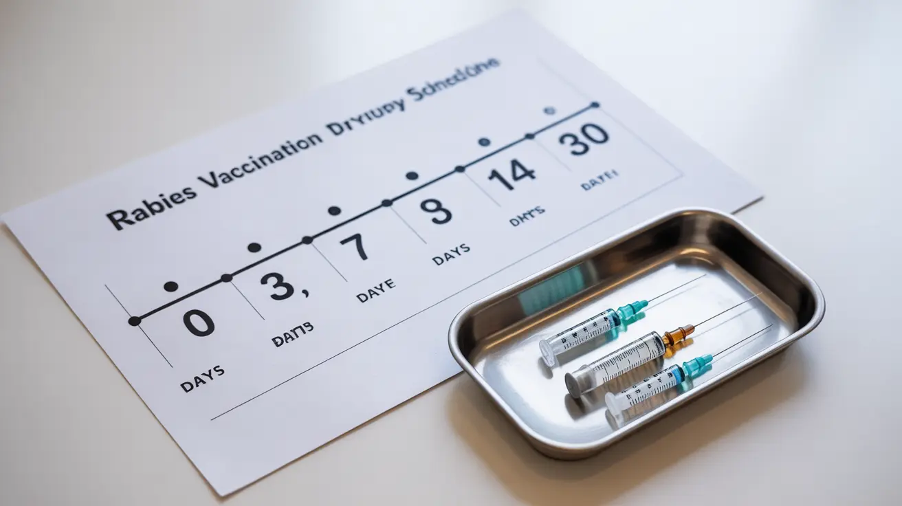 Detailed illustration showing a timeline of rabies vaccination schedule with clear labels for each dose on a clean white background
