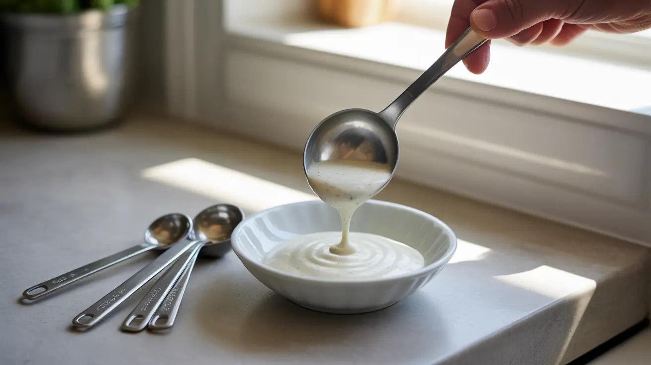 Realistic photograph of a ranch dressing portion being measured with a silver tablespoon into a small white dish, emphasizing portion control.