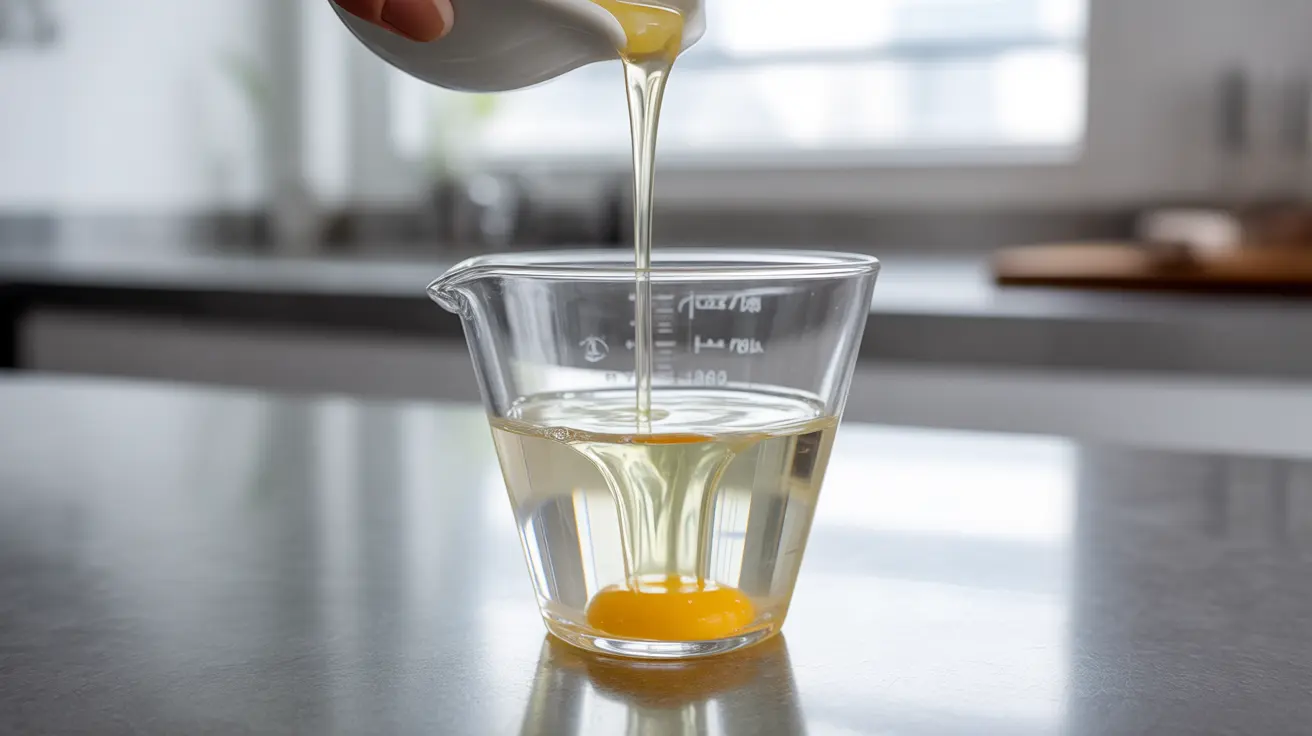 Detailed illustration of a raw egg white being poured into a glass in a clean kitchen, emphasizing liquid texture.