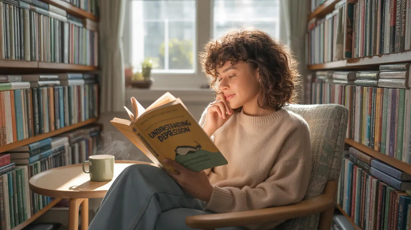 Detailed illustration of a cozy reading nook filled with natural light, featuring a diverse group of individuals thoughtfully engaging with various books about depression.