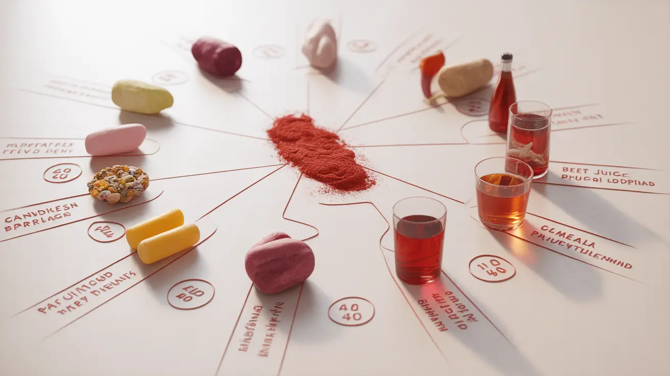Infographic with common foods like candies, cereals, flavored beverages linked to Red 40, with symptoms and natural alternatives like beet juice, paprika, on a white background with red highlights
