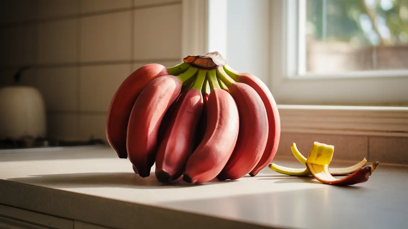 Close-up of a bunch of red bananas on a light kitchen counter with soft natural daylight illuminating the scene