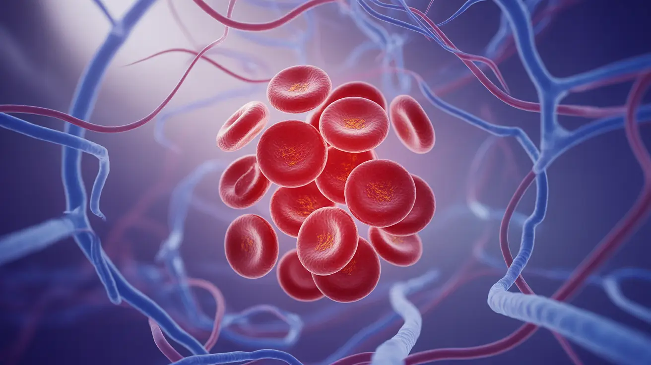 Detailed illustration of red blood cells and hemoglobin within an abstract representation of the circulatory system, glowing elements showing oxygen transport, educational and informative tone.