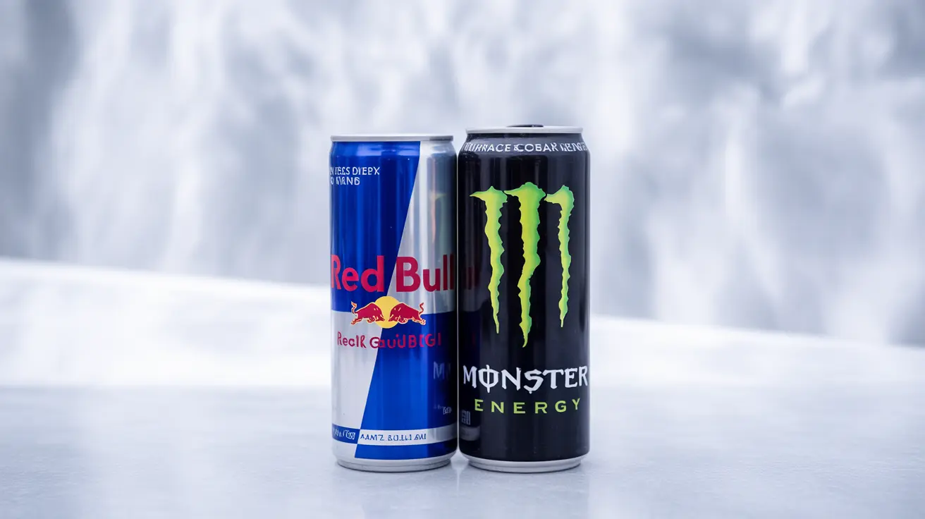 Detailed illustration, side-by-side comparison of Red Bull and Monster energy drinks on a neutral background, showcasing their nutritional labels, caffeine content, and sugar levels.