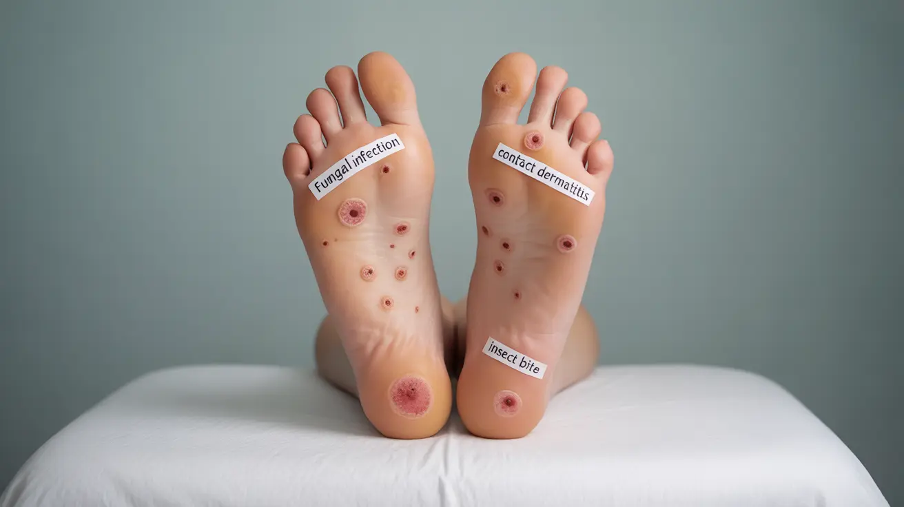 Detailed illustration of a person's feet with red spots, labeled to indicate possible causes such as fungal infections, contact dermatitis, and insect bites, set against a neutral clinical background.