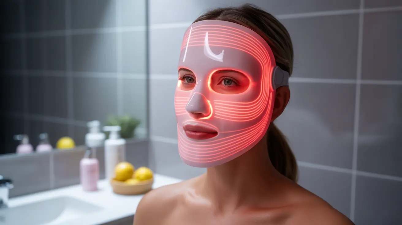 Close-up of a person using a red light therapy mask, emitting visible light waves, highlighting mask's features in a well-lit home setting