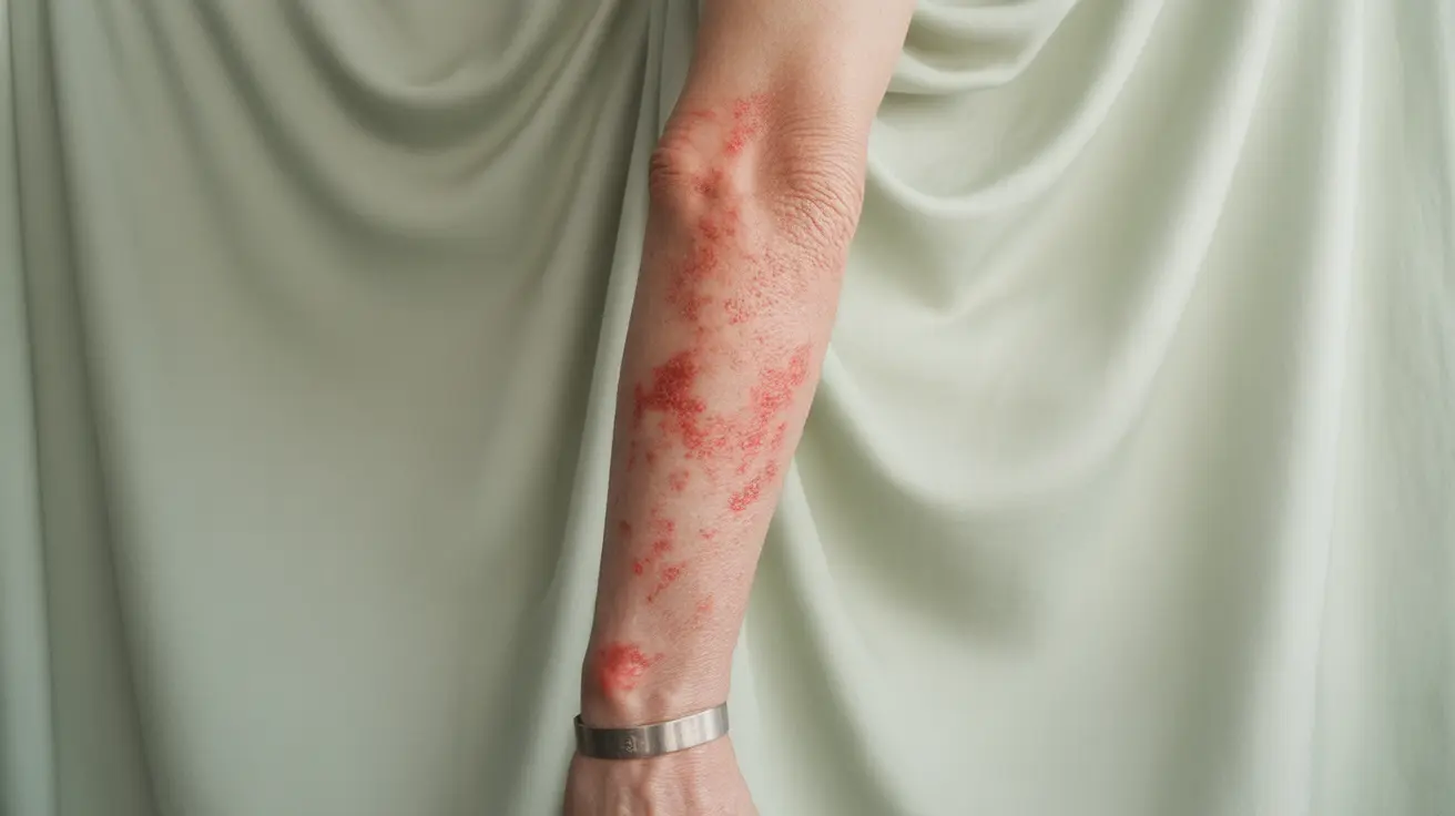 Close-up illustration of an arm with red skin syndrome symptoms, showing redness and flaking, under bright clinical lighting