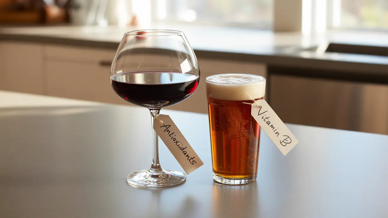 Close-up of a glass of red wine and a glass of beer on a kitchen counter, showcasing their nutritional benefits in warm natural lighting.